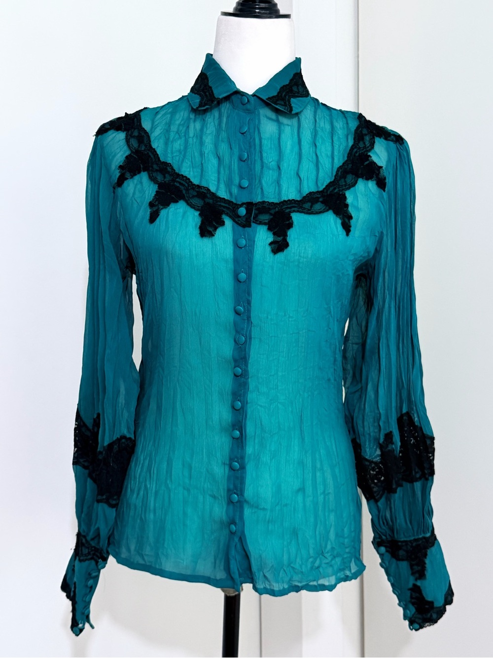 Vintage LE CHATEAU Teal Button-Up Sheer Blouse with Black Lace Trim - small
